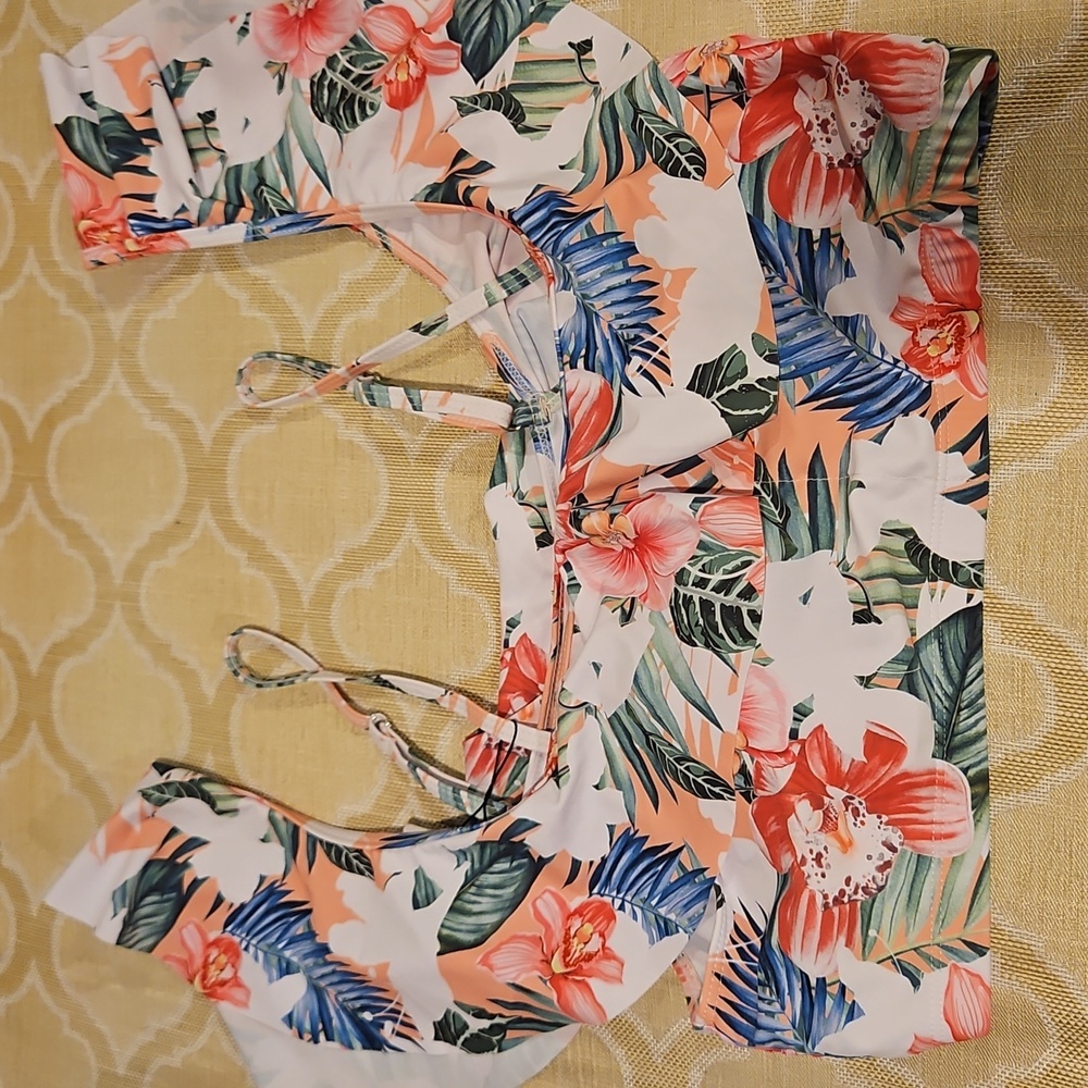 2Pc High Waist Tummy Control Swimsuit Ruffle Bikini Skirt Cold Shoulder NWT XL - Picture 9 of 11